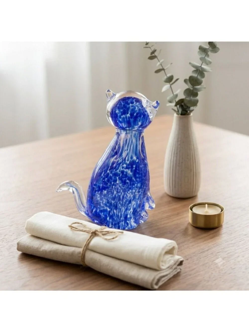 Retro Cobalt Blue Speckled Glass Sitting Cat Statue Clear Tail Paperweight 5